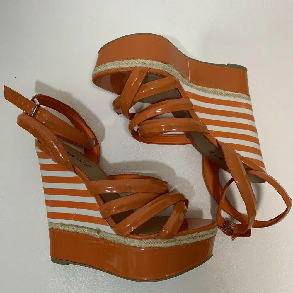 Bumper Orange White Striped Wedge Sandals‎